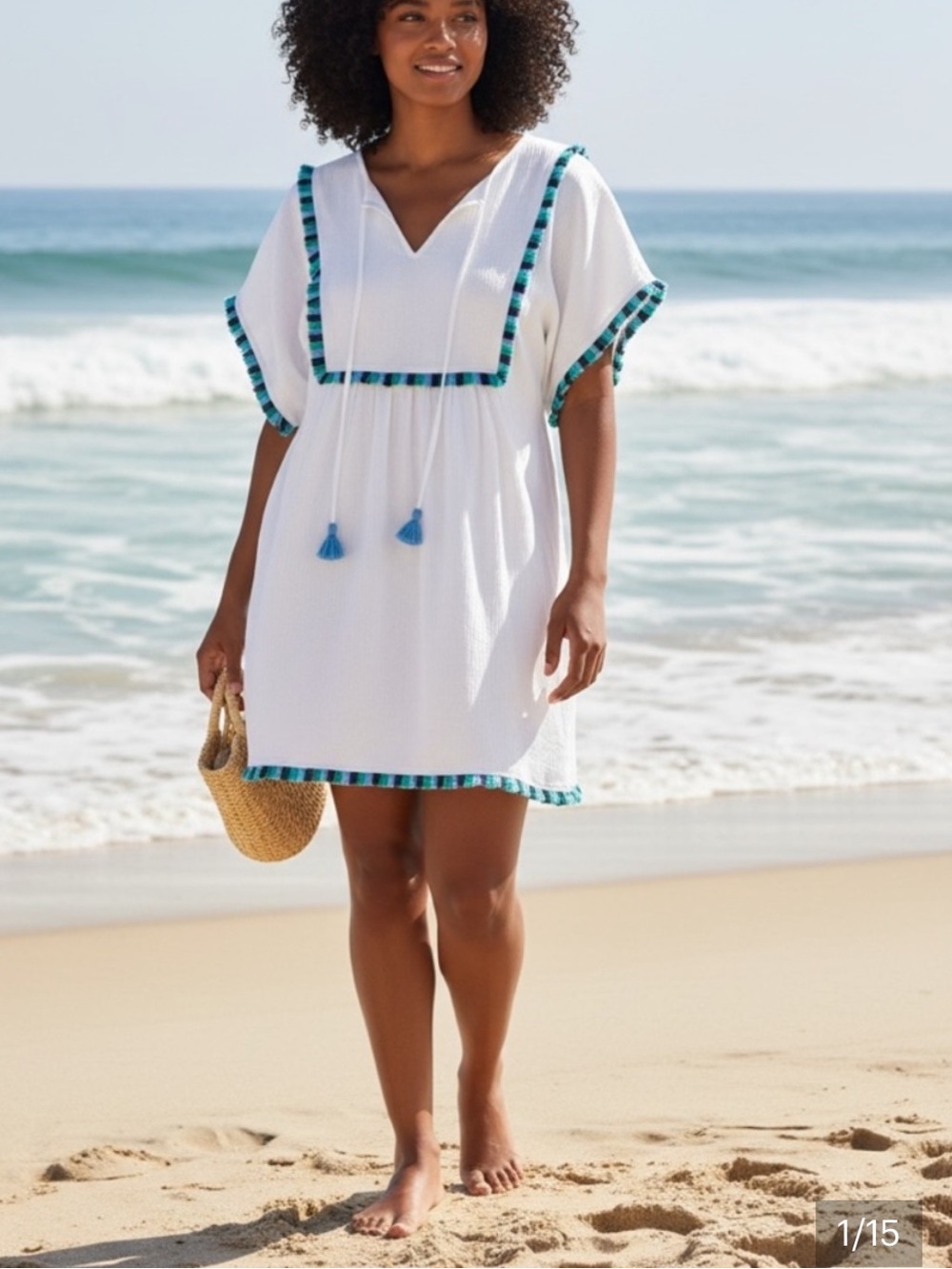 J. Crew White Swim Coverup with Blue-Green Trim